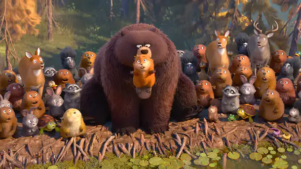 Medve szájában a hód, körülötte az erdő összes állata - Agyugrász háttérkép