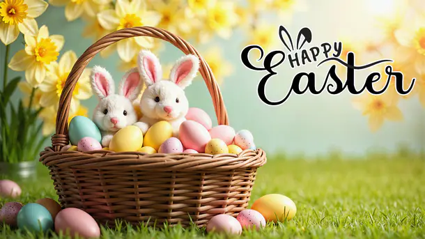 Húsvéti plüss nyuszik kosárban háttérkép