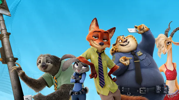 Zootropolis szereplői együtt, színes animációs stílusban